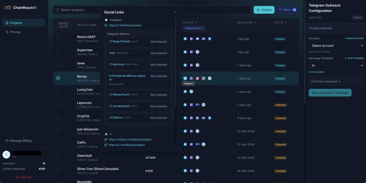 ChainReachAI platform preview showing social links intelligence and project status workflow